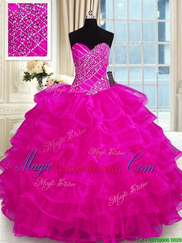 triumph Captivating Floor Length Fuchsia Ball Gown Prom Dress Organza Sleeveless Beading and Ruffled Layers