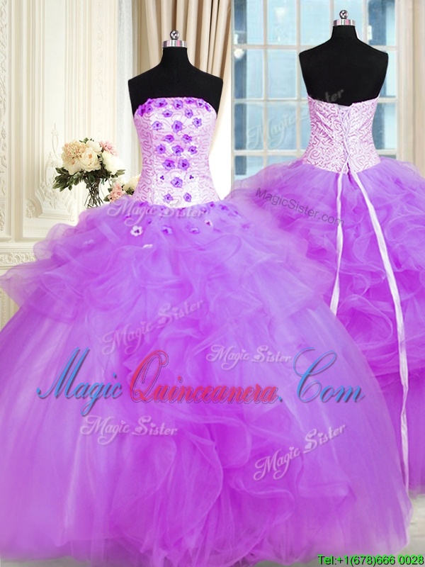 triumph Strapless Sleeveless Sweet 16 Quinceanera Dress Floor Length Pick Ups and Hand Made Flower Purple Tulle