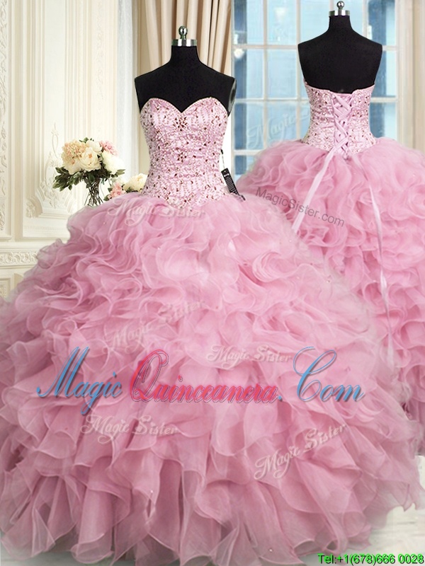triumph New Arrival Ball Gowns Quinceanera Gown Rose Pink Sweetheart Organza Sleeveless Floor Length Lace Up