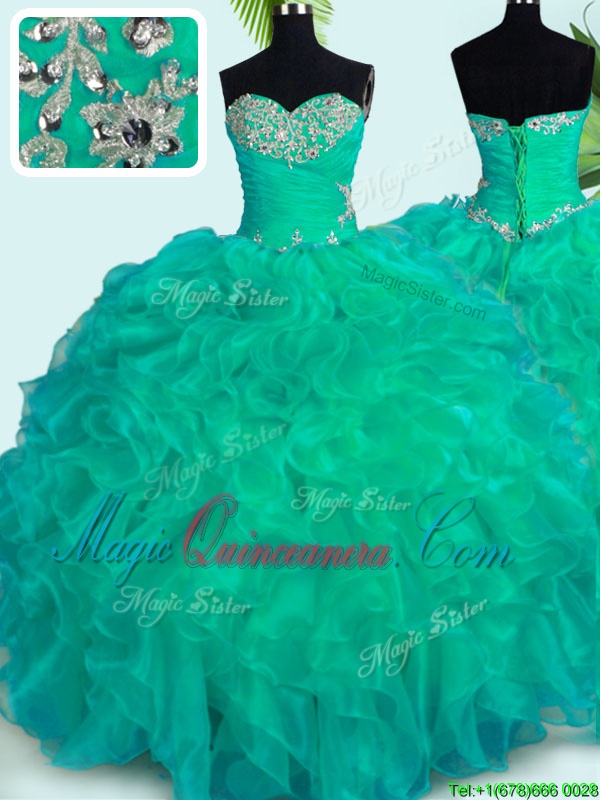 triumph Affordable Turquoise Ball Gowns Beading and Ruffles Vestidos de Quinceanera Lace Up Organza Sleeveless Floor Length