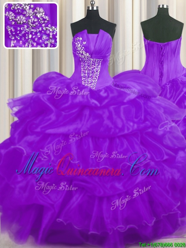 triumph Decent Purple Lace Up Strapless Beading and Ruffled Layers and Pick Ups Sweet 16 Quinceanera Dress Organza Sleeveless