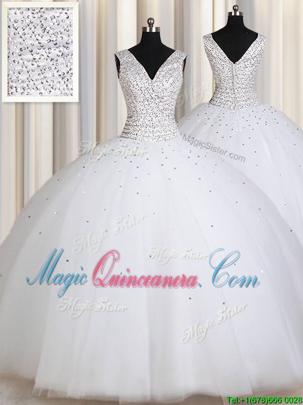 triumph White Ball Gowns Straps Sleeveless Tulle Floor Length Zipper Beading and Sequins Vestidos de Quinceanera