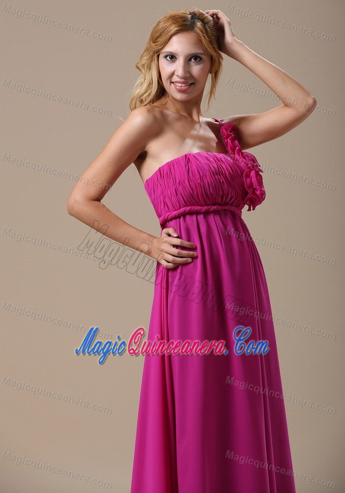 One Shoulder Dama Dresses In Fuchsia with Hand Made Flowers