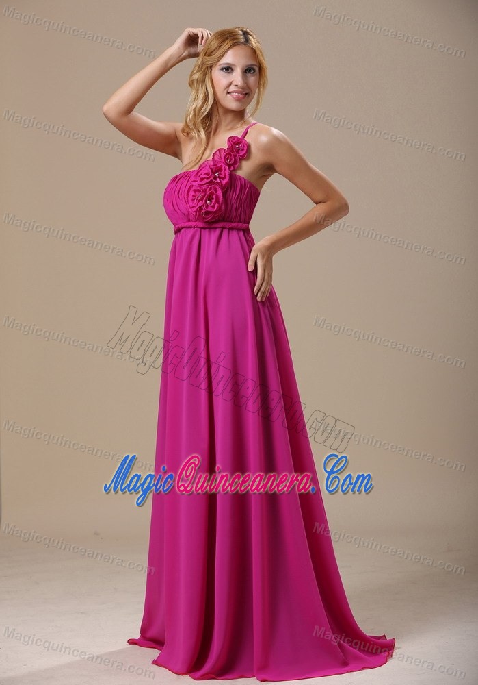One Shoulder Dama Dresses In Fuchsia with Hand Made Flowers