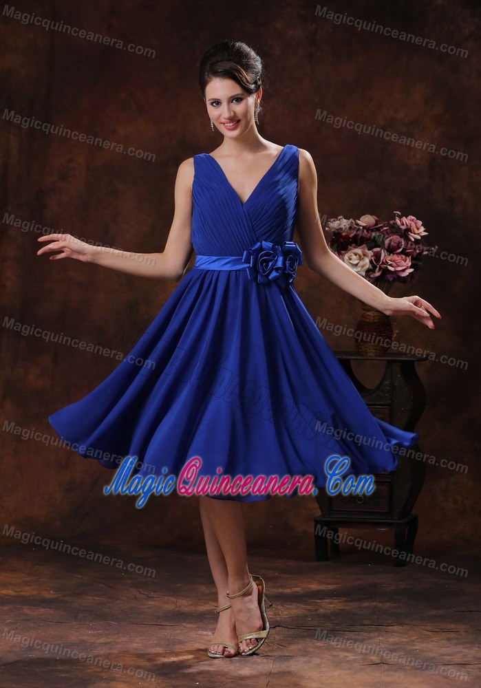 Royal Blue V-neck with Flowers Quinceanera Dama Dresses in Bergen