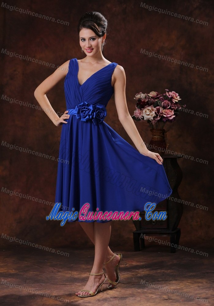 Royal Blue V-neck with Flowers Quinceanera Dama Dresses in Bergen