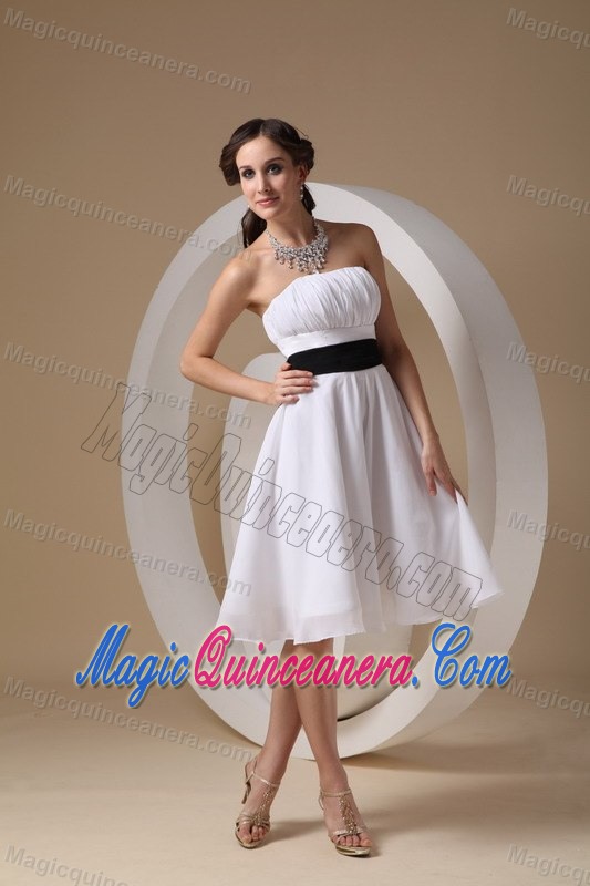 White Strapless Knee-length Chiffon with Sash Dama Dress in Cambridge