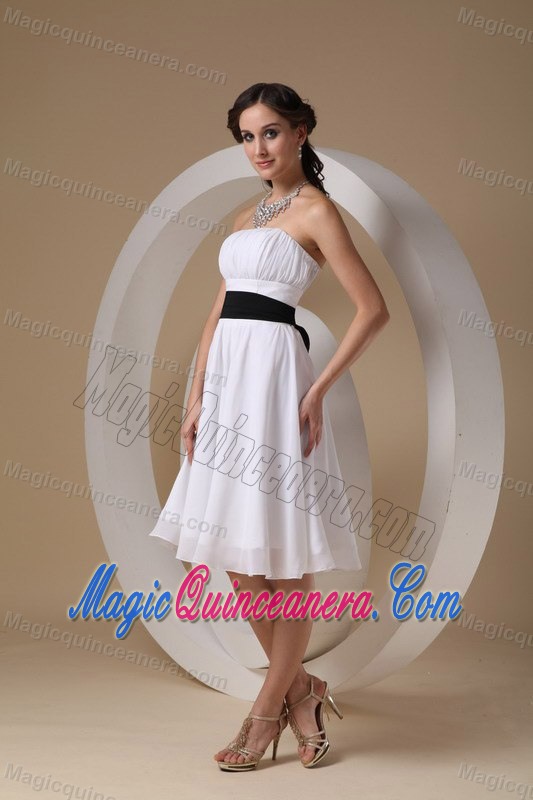 White Strapless Knee-length Chiffon with Sash Dama Dress in Cambridge