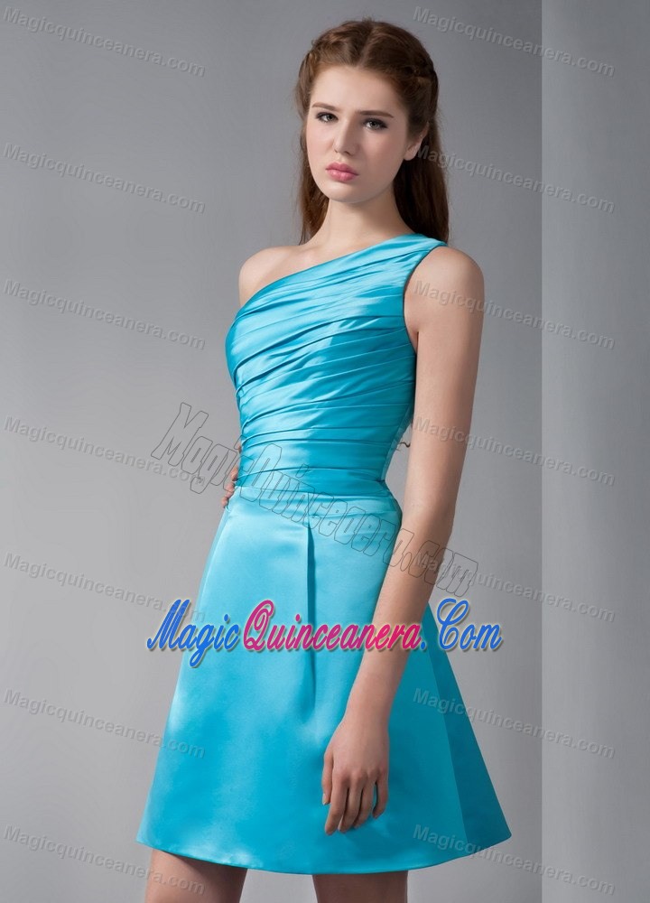Aqua Blue One Shoulder Mine-length Taffeta Dresses for Damas in Paris