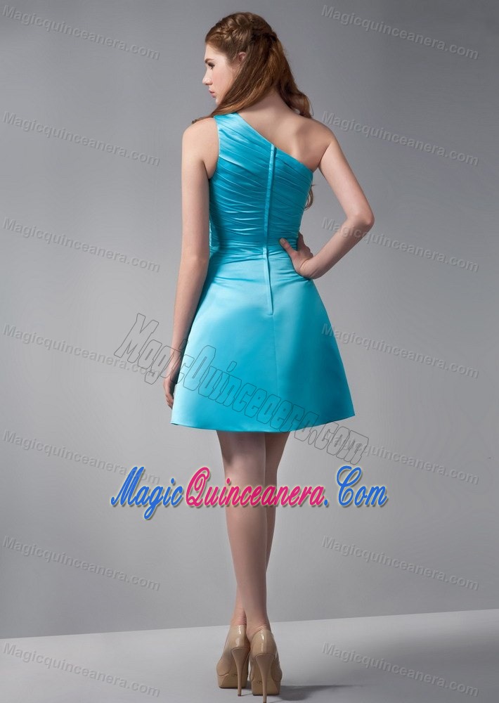 Aqua Blue One Shoulder Mine-length Taffeta Dresses for Damas in Paris