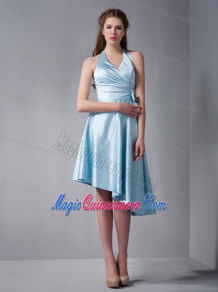Baby Blue Halter Asymmetrical Elastic Woven Satin Damas Dress in Paris