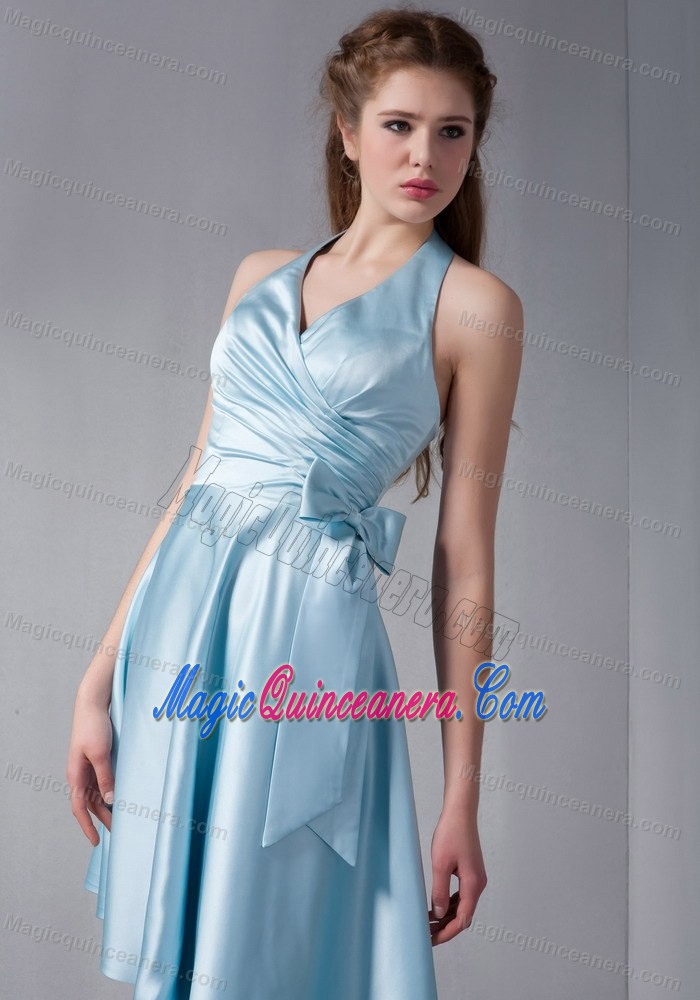 Baby Blue Halter Asymmetrical Elastic Woven Satin Damas Dress in Paris