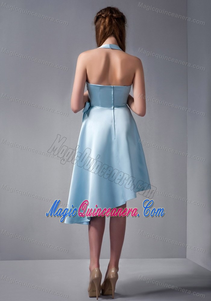 Baby Blue Halter Asymmetrical Elastic Woven Satin Damas Dress in Paris