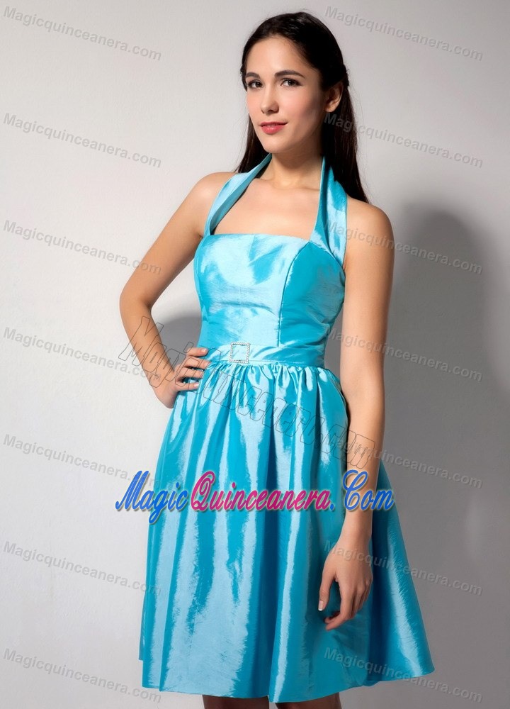 Aqua Blue Halter Knee-length Taffeta Dresses for Damas in Bergen