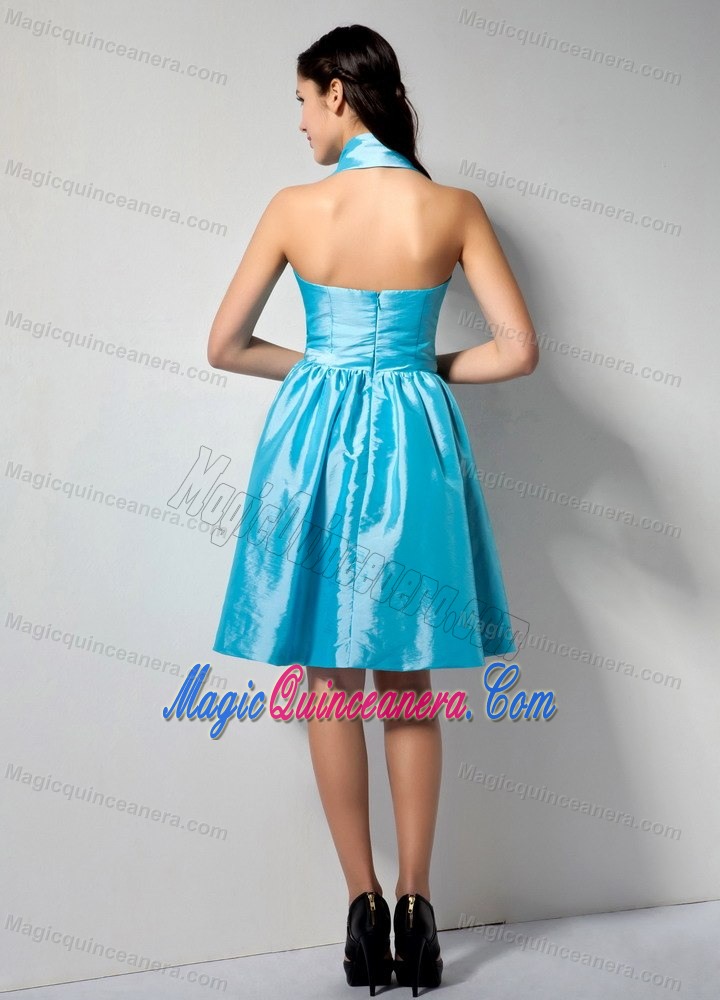 Aqua Blue Halter Knee-length Taffeta Dresses for Damas in Bergen