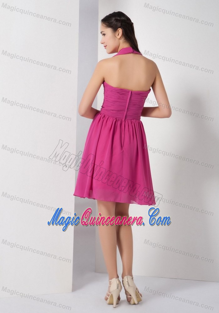 Fuchsia Halter Knee-length Chiffon Quinceanera Dama Dresses in Cambridge