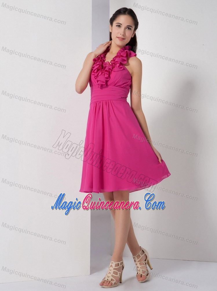 Hot Pink Halter Knee-length Chiffon Dresses for Damas in Bergen