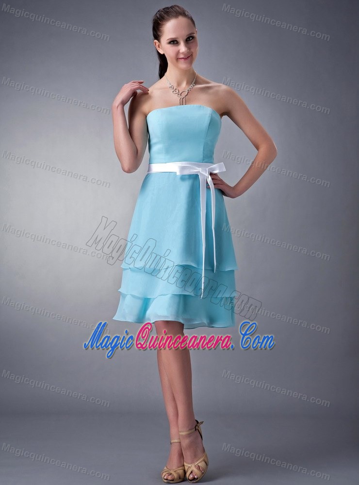 Aqua Blue Strapless Knee-length Chiffon Dresses for Damas in Dunedin