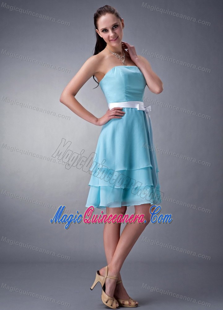 Aqua Blue Strapless Knee-length Chiffon Dresses for Damas in Dunedin