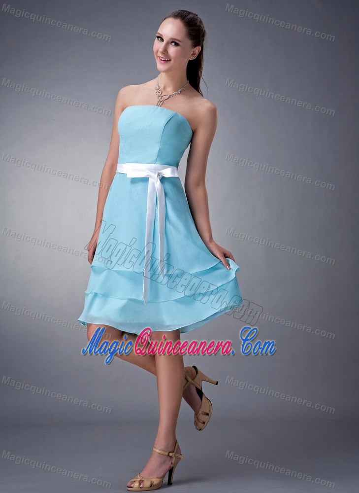 Aqua Blue Strapless Knee-length Chiffon Dresses for Damas in Dunedin