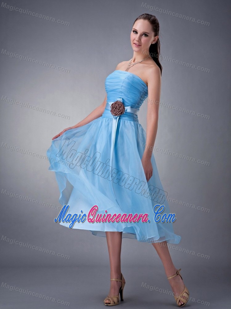 Baby Blue Strapless Tea-length Chiffon Dama Dresses in Wokingham
