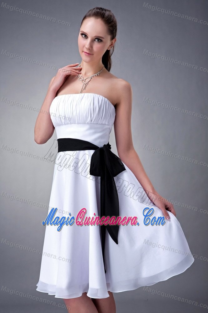 White Strapless Knee-length Chiffon with Sash Dama Dress in Chester