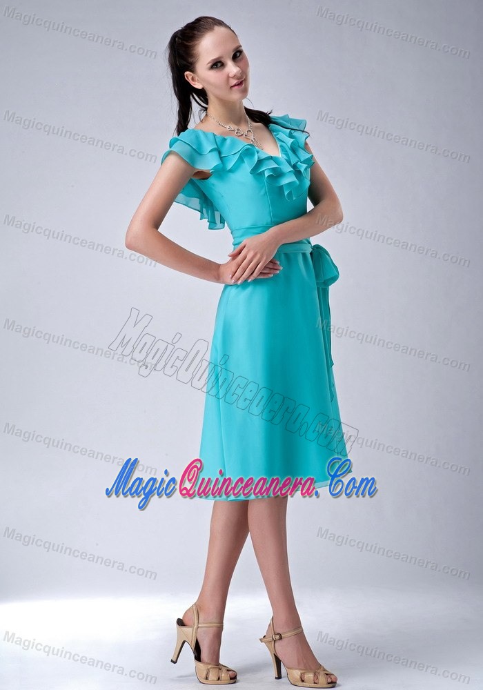 Turquoise V-neck Chiffon with Sash Dresses for Damas in Melbourn