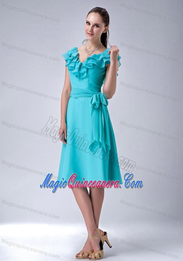 Turquoise V-neck Chiffon with Sash Dresses for Damas in Melbourn