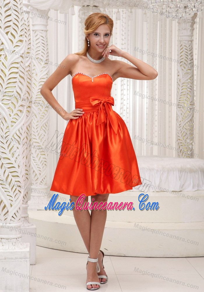 Orange Red Strapless Mine-length Sash Taffeta Dama Dress in Dunedin