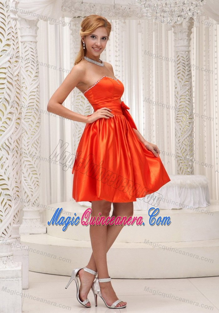 Orange Red Strapless Mine-length Sash Taffeta Dama Dress in Dunedin