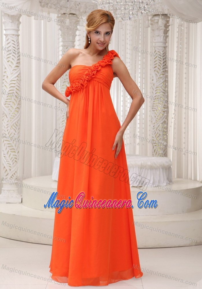Orange One Shoulder Floor-length Chiffon Dresses for Damas in Chester