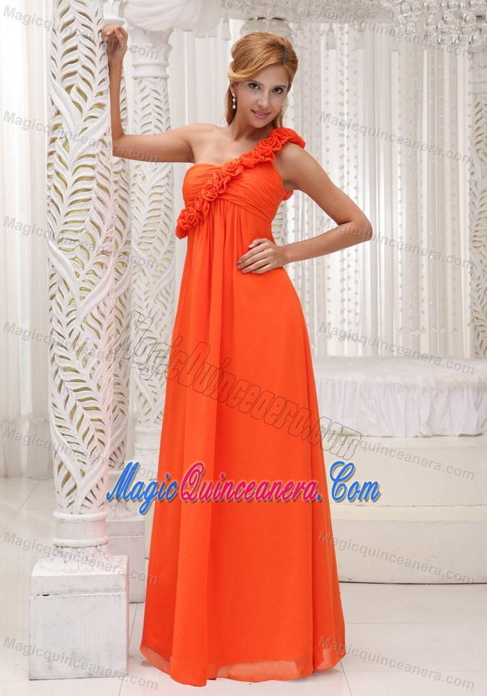 Orange One Shoulder Floor-length Chiffon Dresses for Damas in Chester