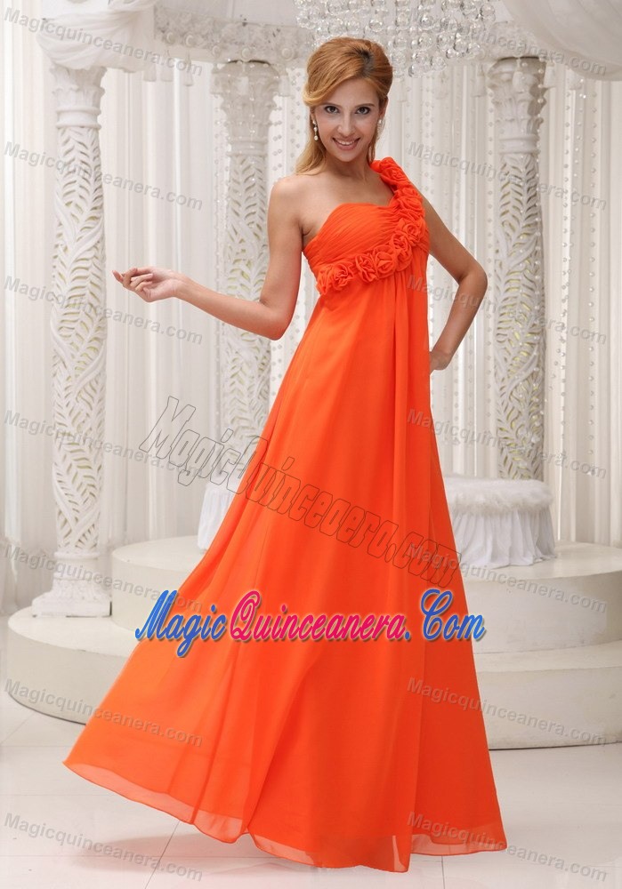 Orange One Shoulder Floor-length Chiffon Dresses for Damas in Chester