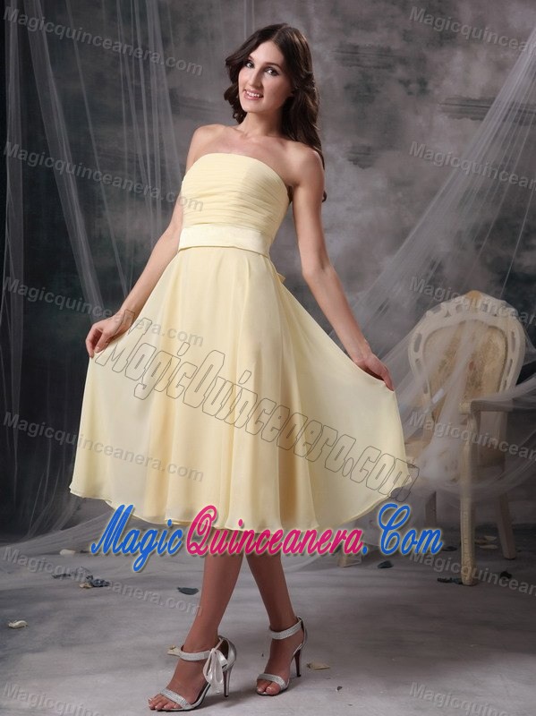 Yellow Strapless Tea-length Chiffon Dama Dress in Backband Germany
