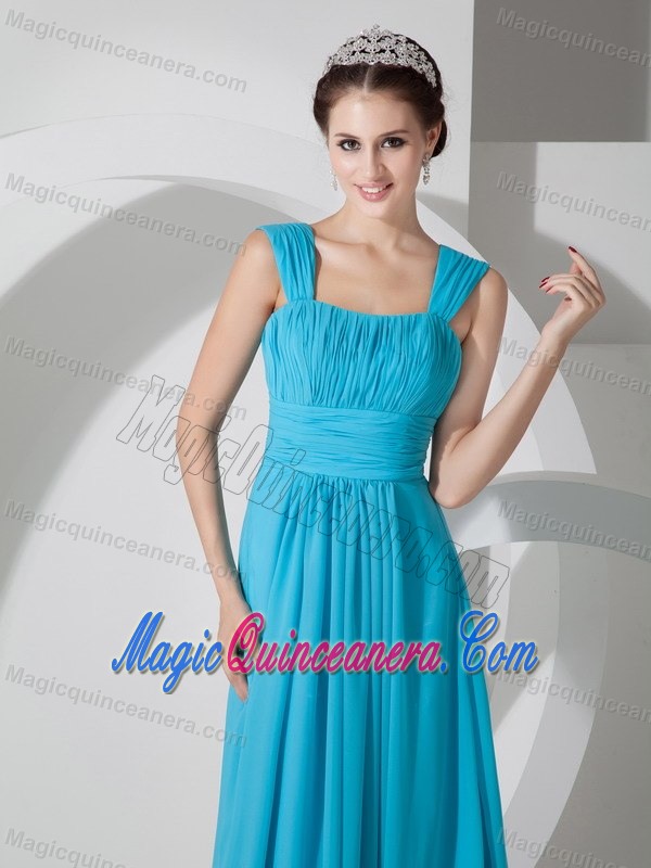 Teal Blue Square Empire Brush Train Chiffon Dama Dresses in Bergen
