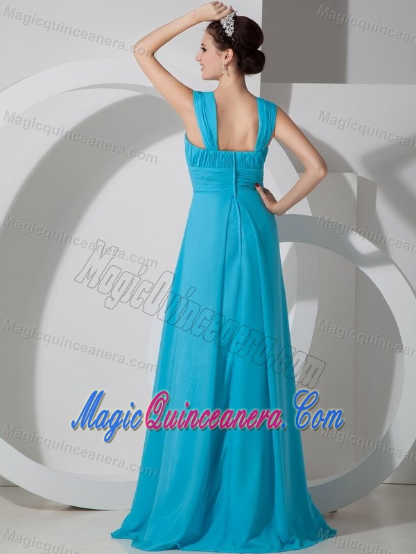 Teal Blue Square Empire Brush Train Chiffon Dama Dresses in Bergen