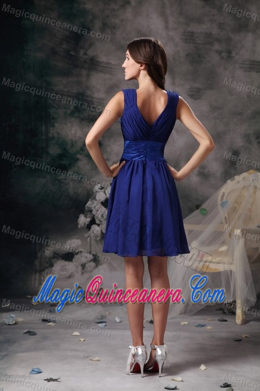 Blue V-neck Mini-length Chiffon Dama Quinceanera Dresses in Dunedin