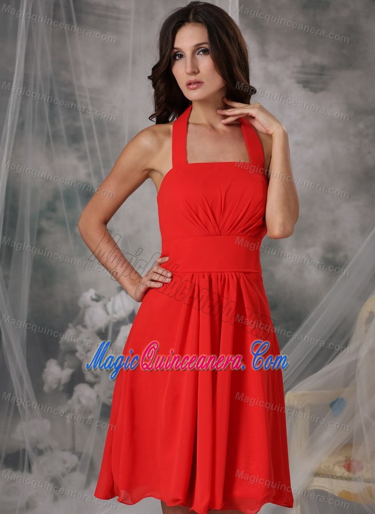 Discount Red Halter Empire Chiffon Quinceanera Dama Dresses in London