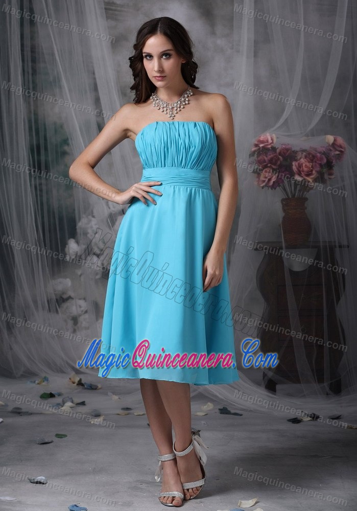 Aqua Blue Strapless Knee-length Chiffon Dama Dresses in Belfast