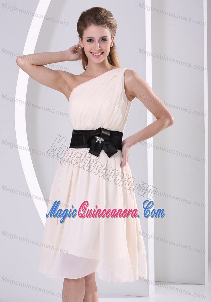Champagne One Shoulder Chiffon Dama Dress with Black in Sash