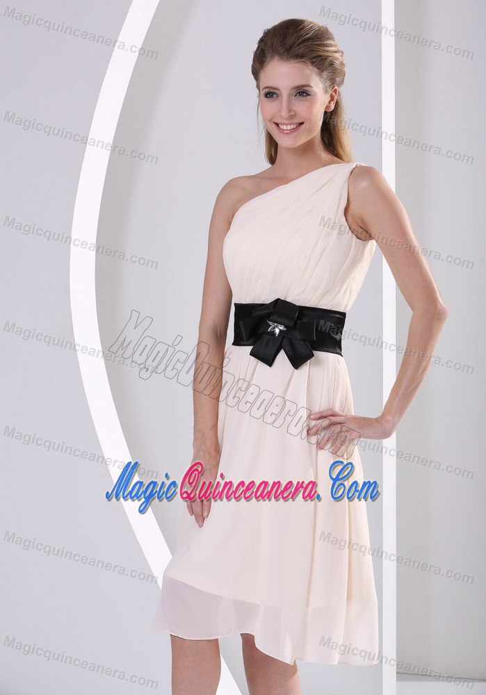 Champagne One Shoulder Chiffon Dama Dress with Black in Sash