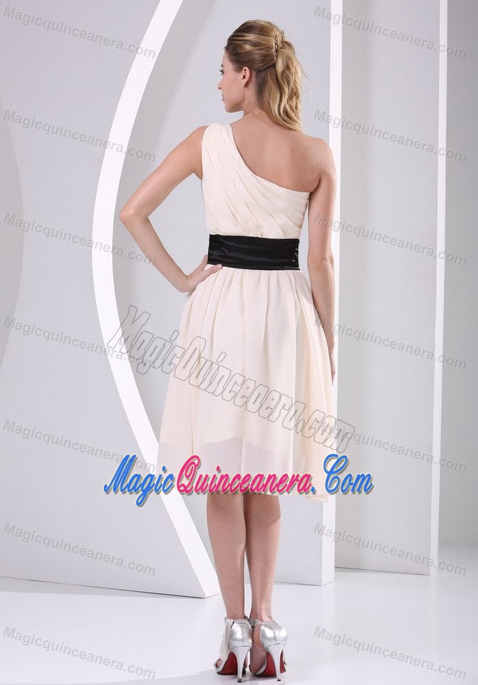 Champagne One Shoulder Chiffon Dama Dress with Black in Sash