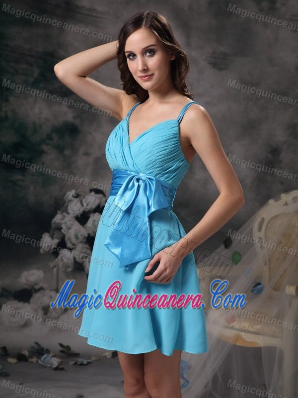 Spaghetti Straps Ruches Sash Blue Chiffon 15 Dresses for Damas
