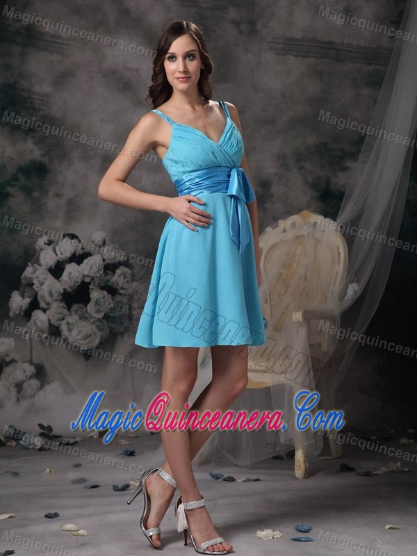 Spaghetti Straps Ruches Sash Blue Chiffon 15 Dresses for Damas