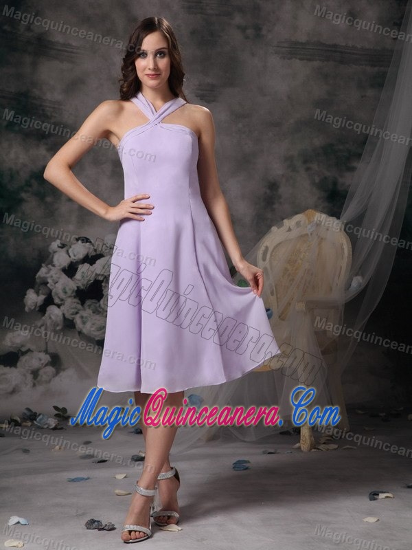 Lilac V-neck Tea Length Chiffon 15 Dresses for Damas in Puerto Rico