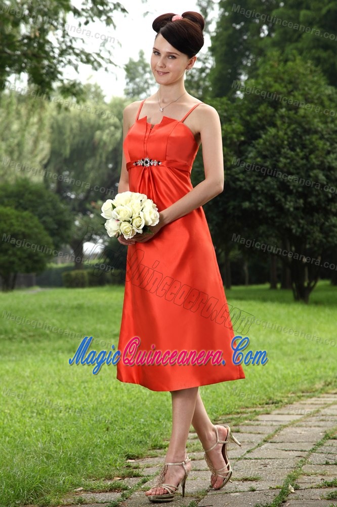 Beaded Orange Tea Length Dama Quinceanera Dresses Spaghetti Straps