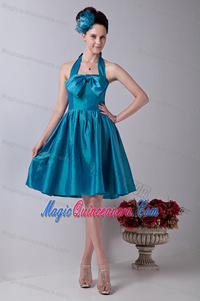 Teal Halter A-line Taffeta Dama Quinceanera Dresses with Bowknot