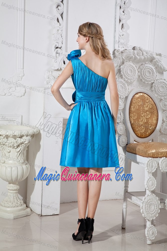 Flowery One Shoulder Ruched Quinceanera Dama Dresses in Sky Blue