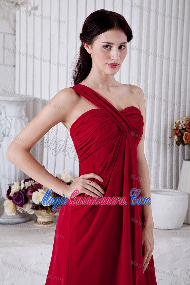 Ruched One Shoulder Chiffon Quinceanera Dama Dresses in Wine Red