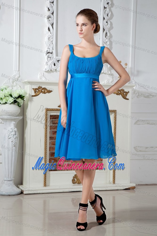 Teal Square Ruches Sash Knee Length Quince Dama Dresses in Ceiba